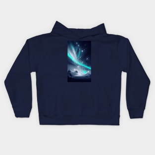 Northern lights on a snowy mountens Kids Hoodie